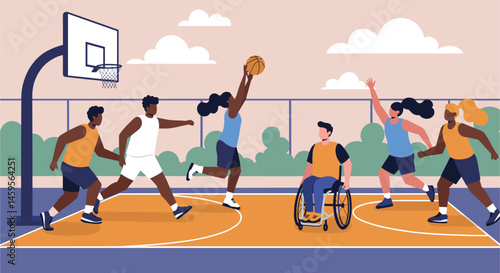 Diverse group of people playing a basketball game, including a player in a wheelchair