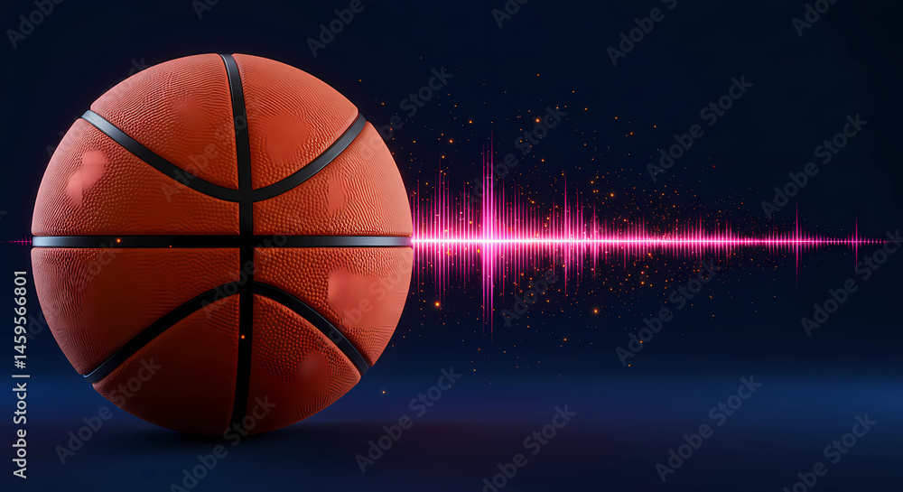Obraz premium Orange basketball and glowing line sound wave shape on dark background.