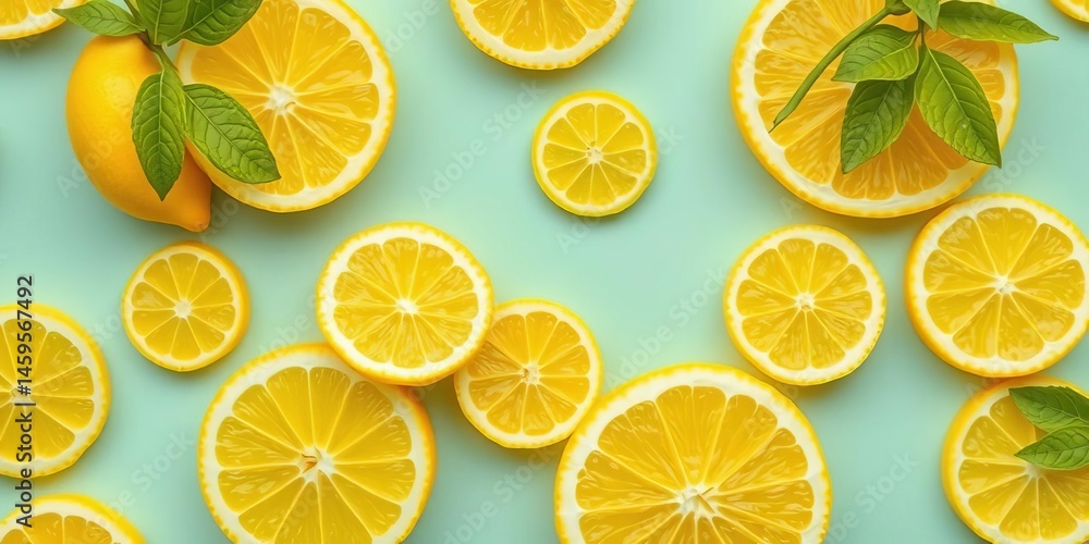 Obraz premium Vibrant yellow lemon fruit and slices repeat seamlessly, sour, background