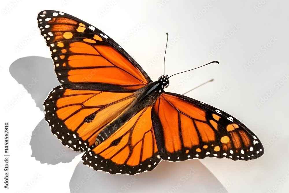 Fototapeta premium Monarch Butterfly in Mid-Flight with Orange and Black Wings on White Background