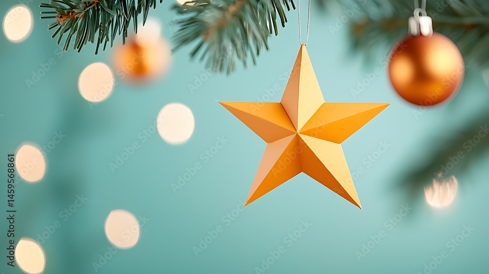 Golden Star Christmas Tree Topper on Teal Background Golden Star Christmas Tree Topper on Teal Background