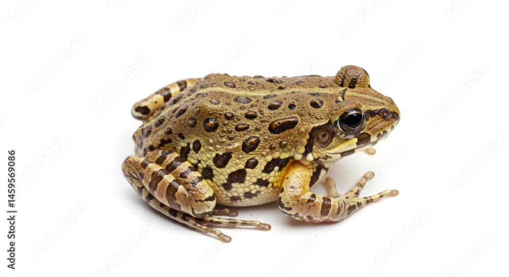 Fototapeta premium Adorable northern leopard frog on white background featuring detailed skin texture, brown spots, and striking amphibian eyes for nature and wildlife projects