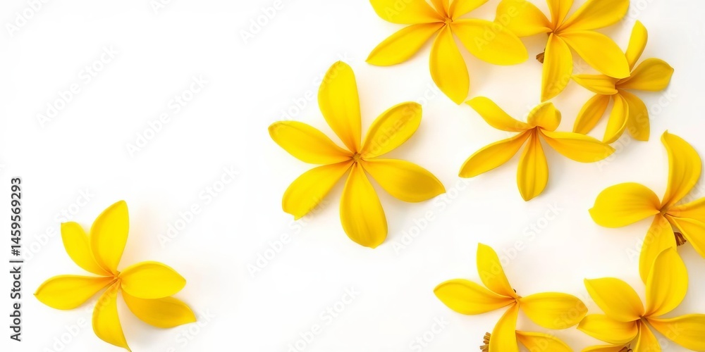 Obraz premium Vibrant yellow ylang ylang blossoms arranged flat on white background, postcard style, flora, design