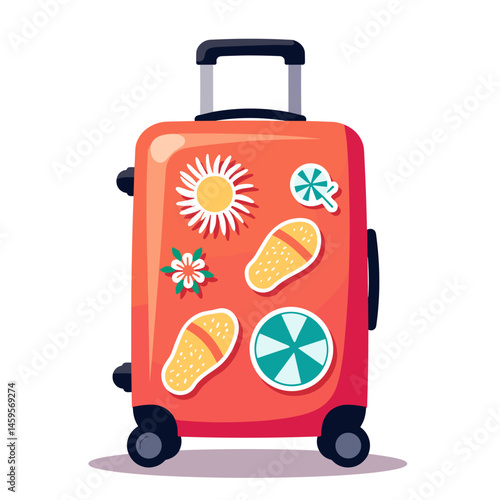 Summer suitcase decorated with vacation stickers on white background  