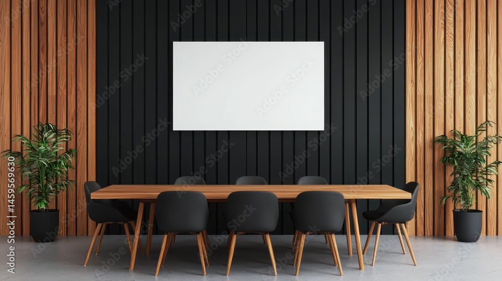 Fototapeta premium Modern Conference Room with Wooden Panel Wall, Stylish Furniture, and Minimalist Design Elements