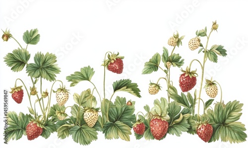 Strawberry plants with berries in a botanical illustration