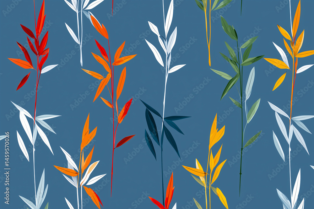 Vibrant Botanical Pattern with a Blue Backdrop Vibrant Botanical Pattern with a Blue Backdrop
