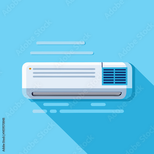 A professional vector of a sleek modern air conditioner unit blowing cool air, placed on a solid light blue background