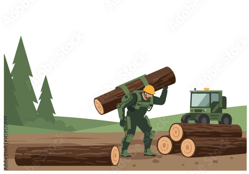 A lumberjack uses an exoskeleton to lift a log in a forest setting. The image showcases strength and technology in a rugged outdoor environment.