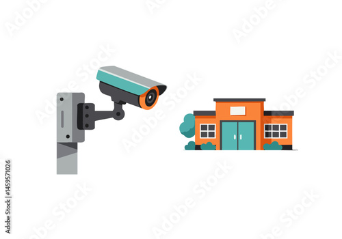 A security camera monitors a building. Clean, modern illustration. Suitable for security, technology, and urban themes.