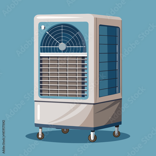 A detailed vector of an evaporative air cooler unit with fan grill, placed on a solid dusty blue background