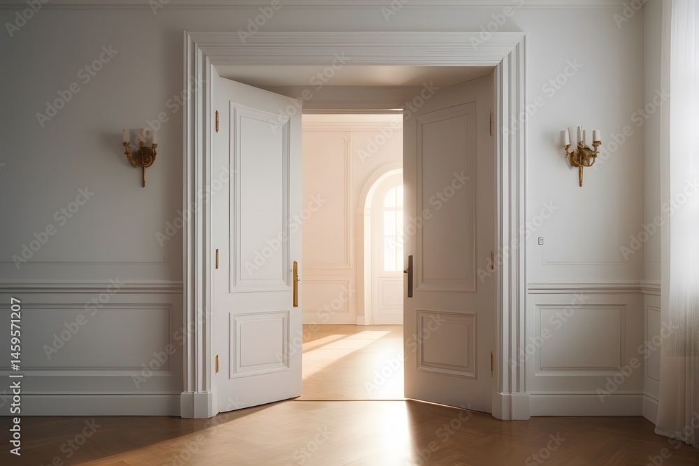 Fototapeta premium Open Double Doors Leading to Bright Room in Elegant House