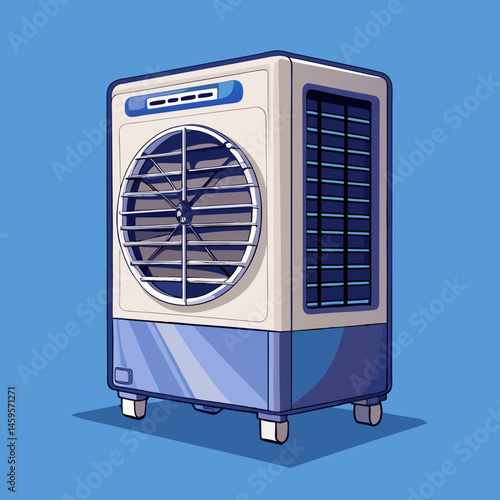 A detailed vector of an evaporative air cooler unit with fan grill, placed on a solid dusty blue background