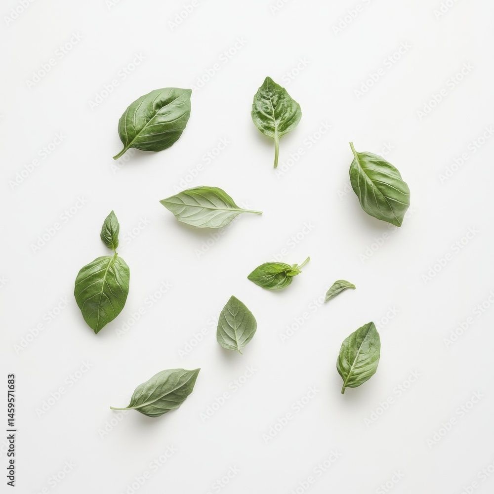 Fresh basil leaves scattered on white background Fresh basil leaves scattered on white background