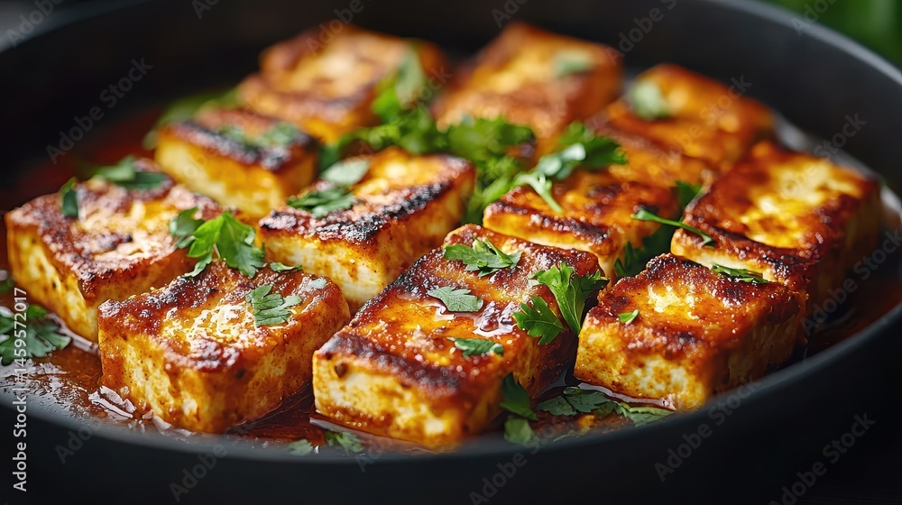 Delicious Grilled Tofu Blocks Garnished with Fresh Herbs in a Sizzling Pan for Vegetarian Cuisine Delicious Grilled Tofu Blocks Garnished with Fresh Herbs in a Sizzling Pan for Vegetarian Cuisine