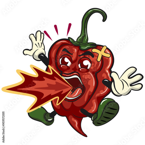 character mascot of a carolina reaper chili cartoon vector isolated clip art illustration spitting out fire of spiciness, work of hand drawn