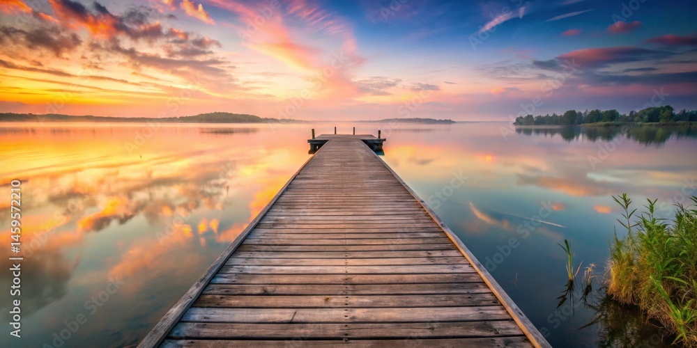 Obraz premium Serene sunrise over tranquil lake with wooden dock extending into calm waters reflecting vibrant sky