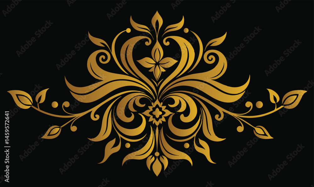 Golden ornate floral design, symmetrical pattern, baroque style, intricate scrollwork, black background, metallic gold embellishment, decorative element, elegant motif, luxury embroidery.