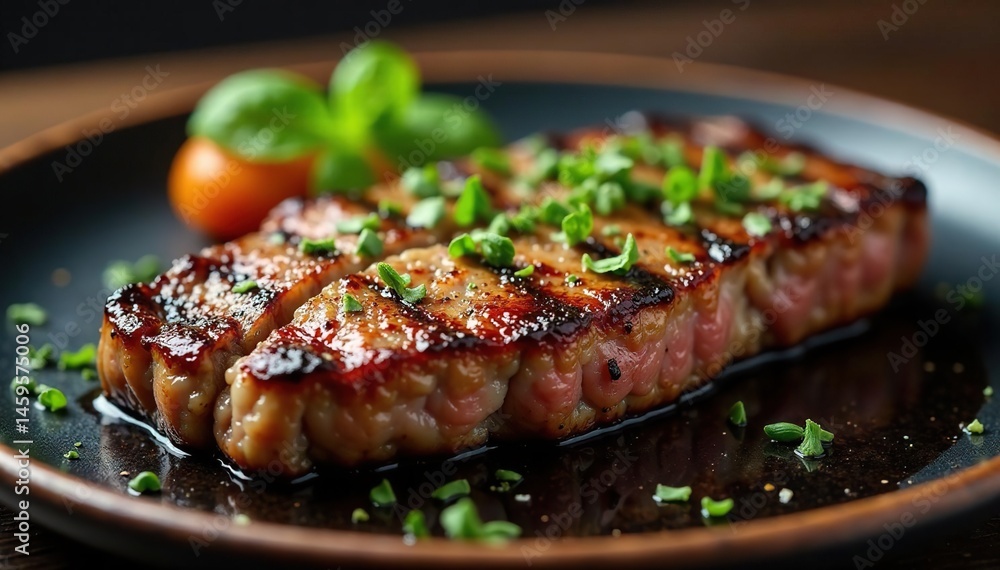Charred steak, buttery herb topping, caramelized crust , protein, food, foodstyling Charred steak, buttery herb topping, caramelized crust , protein, food, foodstyling