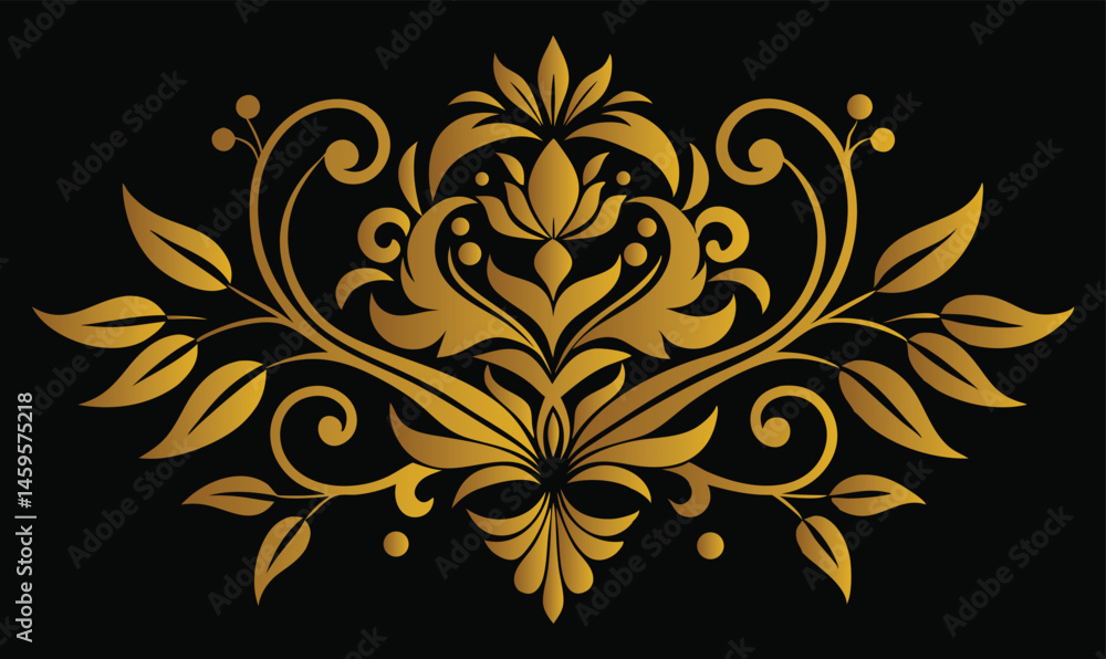 Golden ornate floral design, symmetrical pattern, baroque style, intricate curves, black background, metallic gold texture, luxurious emblem, decorative motif, elegant scrollwork, vintage ornament. Golden ornate floral design, symmetrical pattern, baroque style, intricate curves, black background, metallic gold texture, luxurious emblem, decorative motif, elegant scrollwork, vintage ornament.