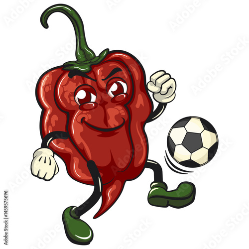 character mascot of a carolina reaper chili cartoon vector isolated clip art illustration playing football or soccer, work of hand drawn