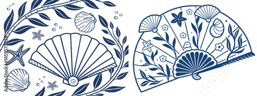 Vintage Art Deco Blue Fan Pattern with Elegant Floral and Marine Shell Elements

