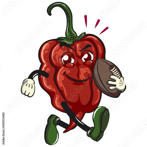 character mascot of a carolina reaper chili cartoon vector isolated clip art illustration playing rugby and american football, work of hand drawn