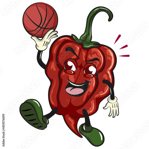 character mascot of a carolina reaper chili cartoon vector isolated clip art illustration playing basketball, work of hand drawn