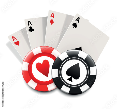 Casino illustration. Cards and chips. Vector composition isolated on white background.
