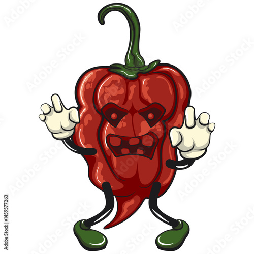 character mascot of a carolina reaper chili cartoon vector isolated clip art illustration with carved eyes and mouth like halloween characters, work of hand drawn