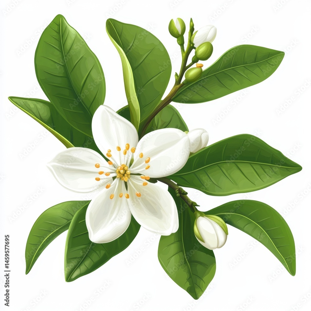 Obraz premium Delicate citrus blossom with vibrant leaves. Detailed illustration of a flowering branch