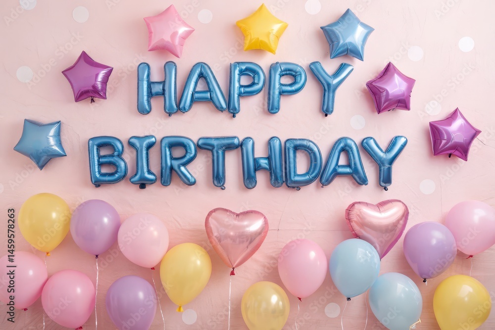 Cheerful Birthday Balloon Decor with Happy Birthday Letters and Pink, Blue, and Sparkling Balloons Cheerful Birthday Balloon Decor with Happy Birthday Letters and Pink, Blue, and Sparkling Balloons