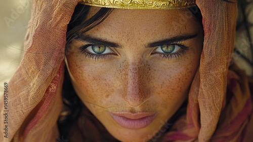 Close-up portrait of a woman with green eyes and freckles, wearing a headscarf and gold headband