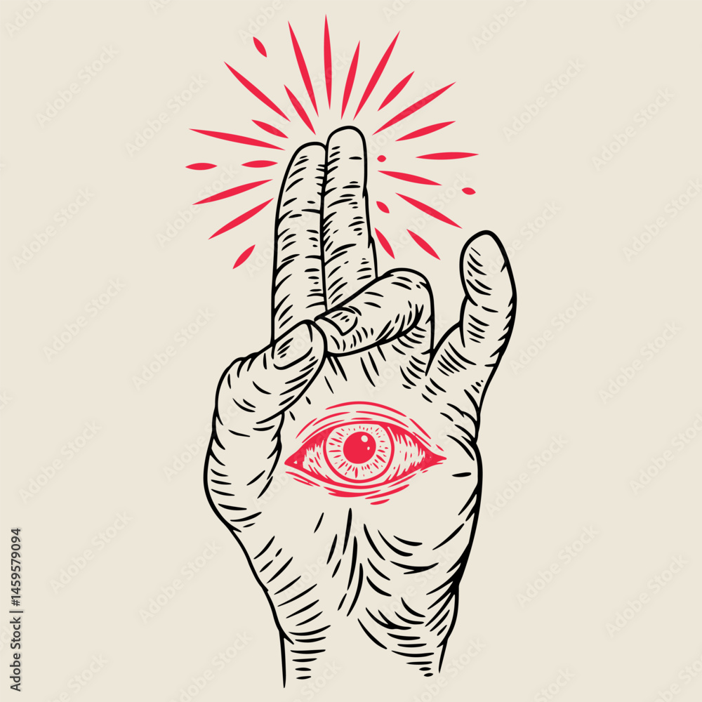 Hand draw composition with human palm gesture and red eye with rays in vintage retro style. Design concept art for old school tattoo, banner, sticker, print. Vector fashion cartoon illustration.