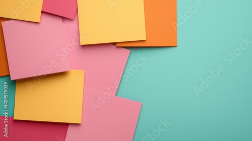 Colorful sticky notes arranged on a turquoise background for creative brainstorming and organization purposes