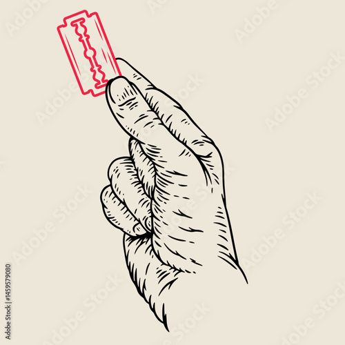 Hand draw composition with human palm and red blade in vintage retro style. Design concept art for old school tattoo, banner, sticker, print. Vector fashion cartoon illustration.