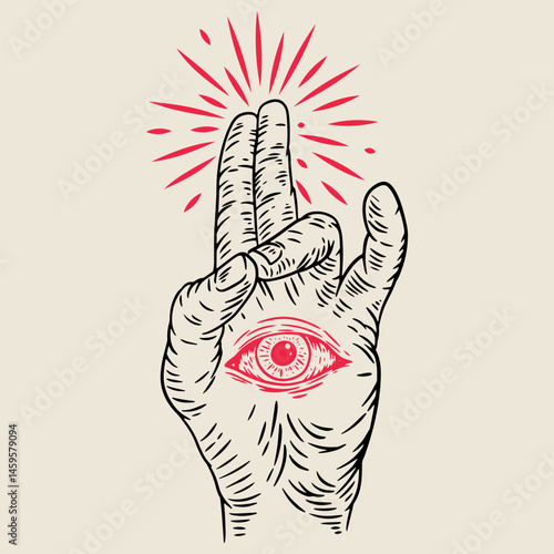 Hand draw composition with human palm gesture and red eye with rays in vintage retro style. Design concept art for old school tattoo, banner, sticker, print. Vector fashion cartoon illustration.