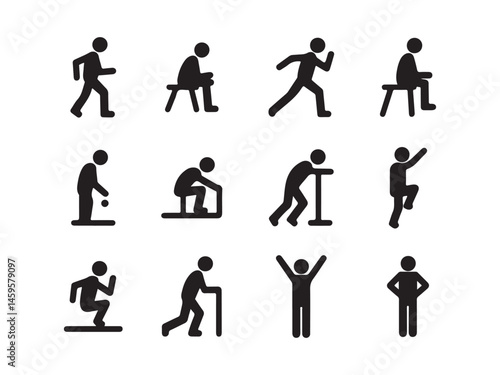 A collection of black stick figure illustrations showcasing various human activities, including walking, running, sitting, exercising, and using assistive devices.