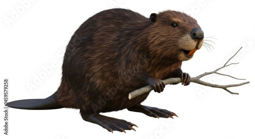 Brown beaver holds a small branch in its paws with its large teeth slightly visible creating a wildlife scene with detailed fur and a textured tail on white photo
