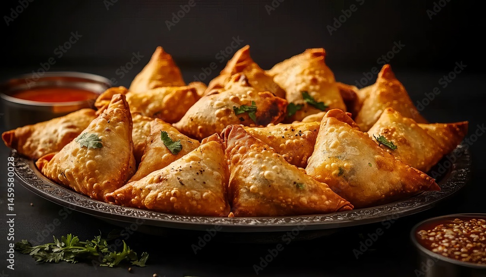 A plate of samosas with other Indian dishes in the background, food photography, studio lighting, high-resolution photography, insanely detailed, fine details, isolated on a dark background, A plate of samosas with other Indian dishes in the background, food photography, studio lighting, high-resolution photography, insanely detailed, fine details, isolated on a dark background,