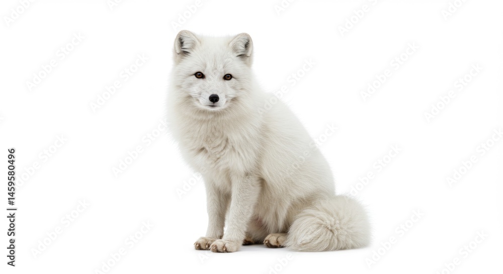 Fototapeta premium Captivating Arctic Fox Portrait A Majestic White Fox Sitting Alertly Isolated on White Background Perfect for Wildlife and Conservation Projects, and Educational Materials