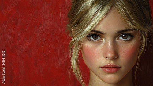 Close-up portrait of a young woman with blonde hair and rosy cheeks, against a textured red background.  Her expression is serious and direct