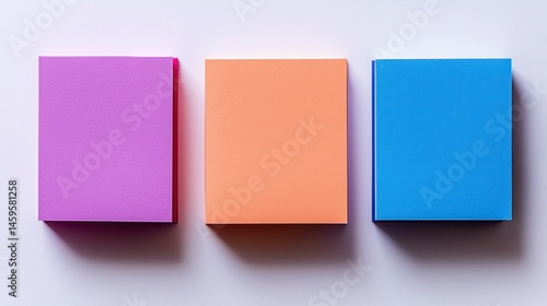 Three colorful sticky notes,  aligned horizontally.  Each note is a solid color, and sits slightly raised above a plain white background.  A soft light casts subtle shadows