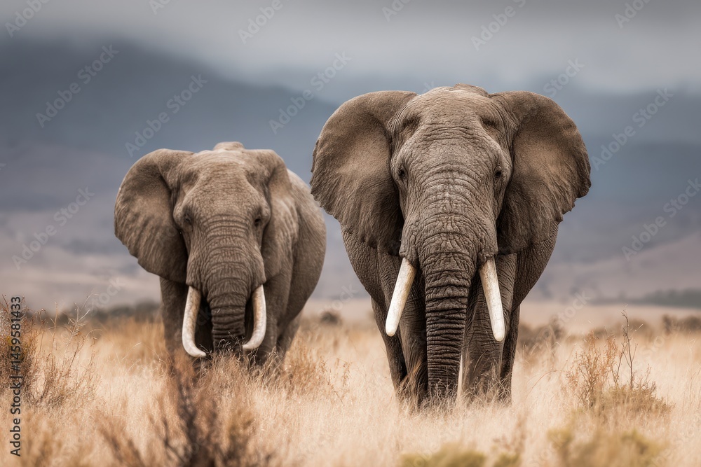 Naklejka premium Two majestic African elephants walk through tall grass, under a cloudy sky.