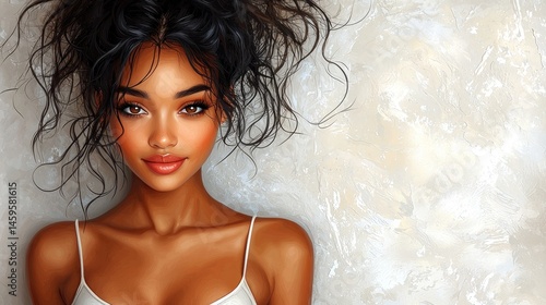 Close-up portrait of a young woman with dark curly hair and brown skin, wearing a white top. She is lying down and looking directly at the viewer