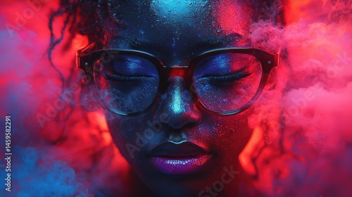 Close-up portrait of a young woman with eyes closed, surrounded by colorful smoke.  Her skin glistens with moisture