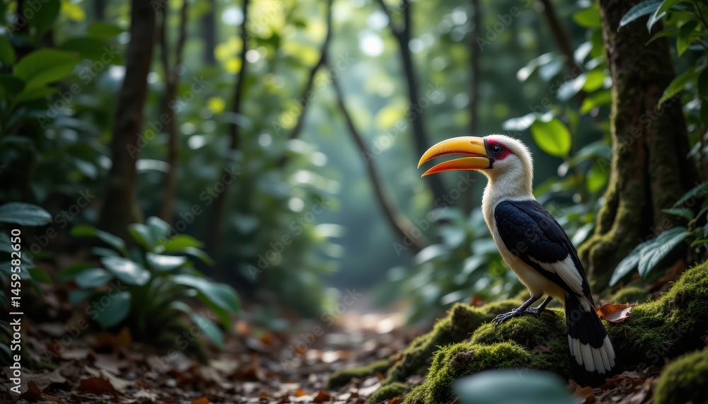 A colorful toucan perches on moss in a lush, sunlit rainforest, surrounded by dense green foliage and trees. A colorful toucan perches on moss in a lush, sunlit rainforest, surrounded by dense green foliage and trees.