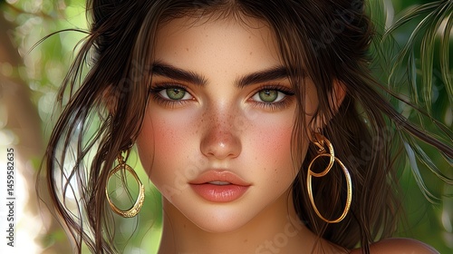 Close-up portrait of a young woman with green eyes and freckles, wearing gold hoop earrings.  Her hair is pulled back, partially obscuring her ears. Lush green foliage is visible in the background