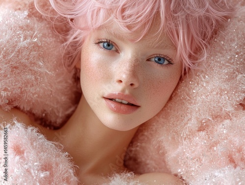 Close-up portrait of a young woman with light pink hair and freckles, lying on a fluffy pink surface.  Her blue eyes are captivating