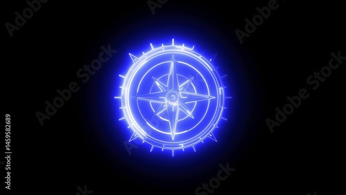 Glowing blue neon compass rose on black background, futuristic navigation icon